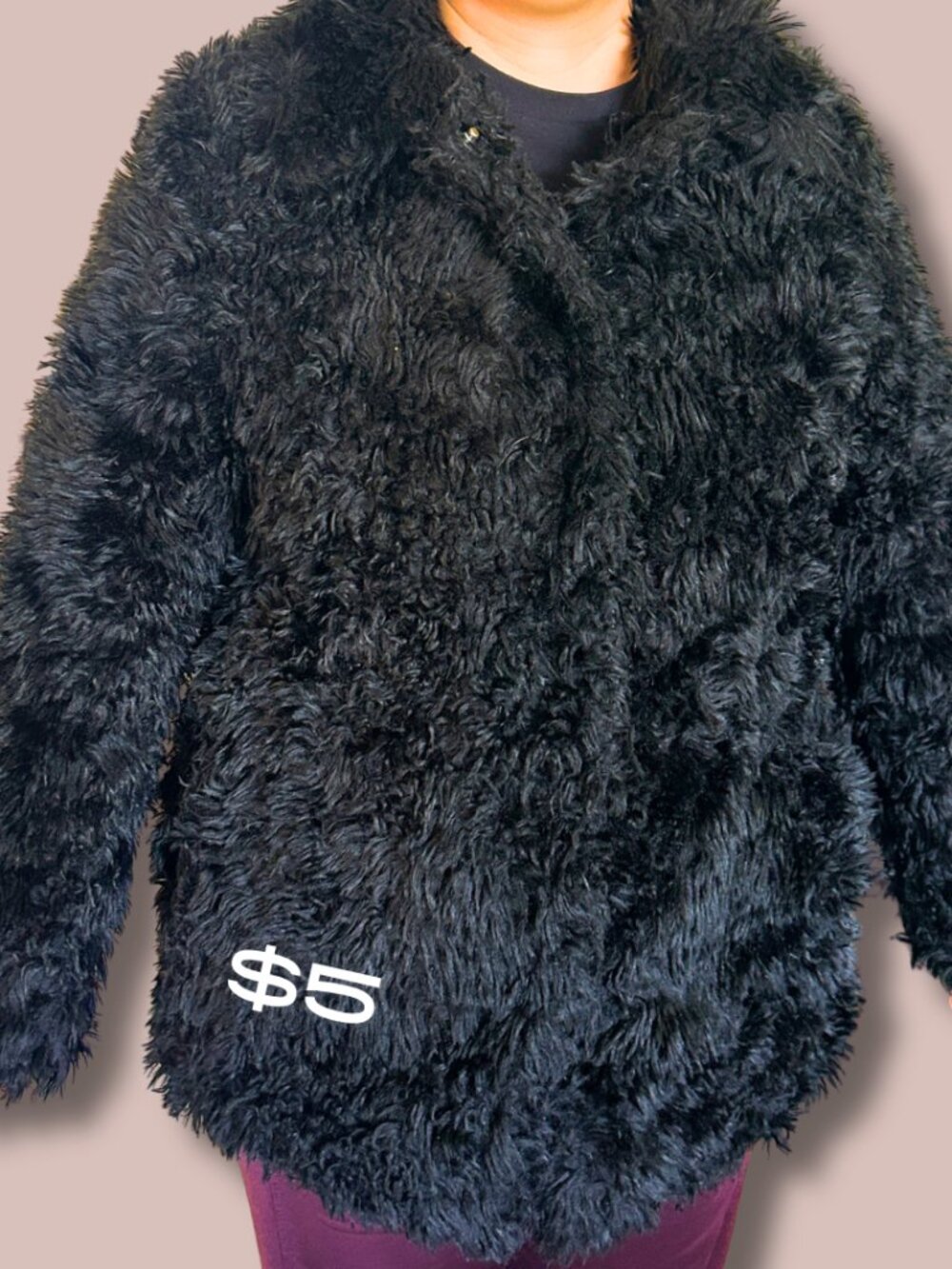 Fuzzy Synthetic Furry Black coat with satin lining - Warm